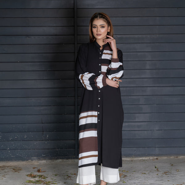 Black Printed Straight Shirt &amp; Dyed Straight Pent Trouser – 2-Piece Winter Luxe Pret