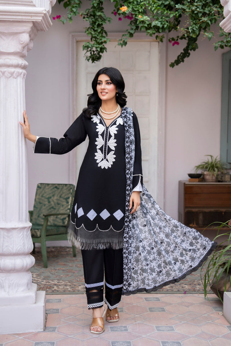 3 Piece Aplic Work Lawn Suit | Traditional Collection