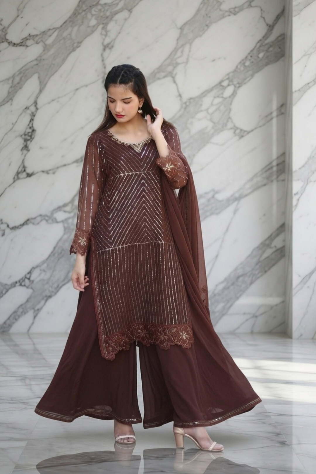 3- piece suit embroidered chiffon noor - e-  brown