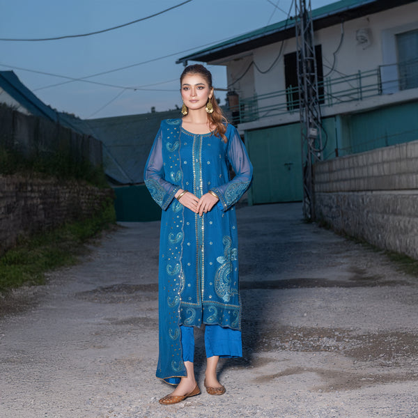 Blue Fully Embroidered 3-Piece Festive Pret
