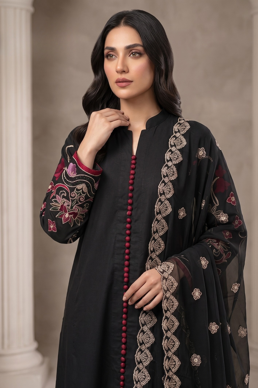 3-Piece Embroidered Black Viscose Suit