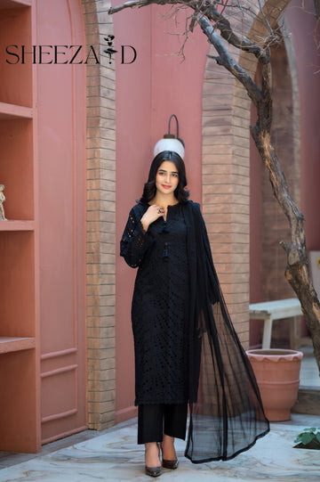 Black Pearl Chikankari 3 Piece Suit