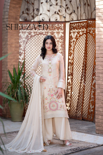 Light Skin  Embroidered Chiffon 3 Piece Suit