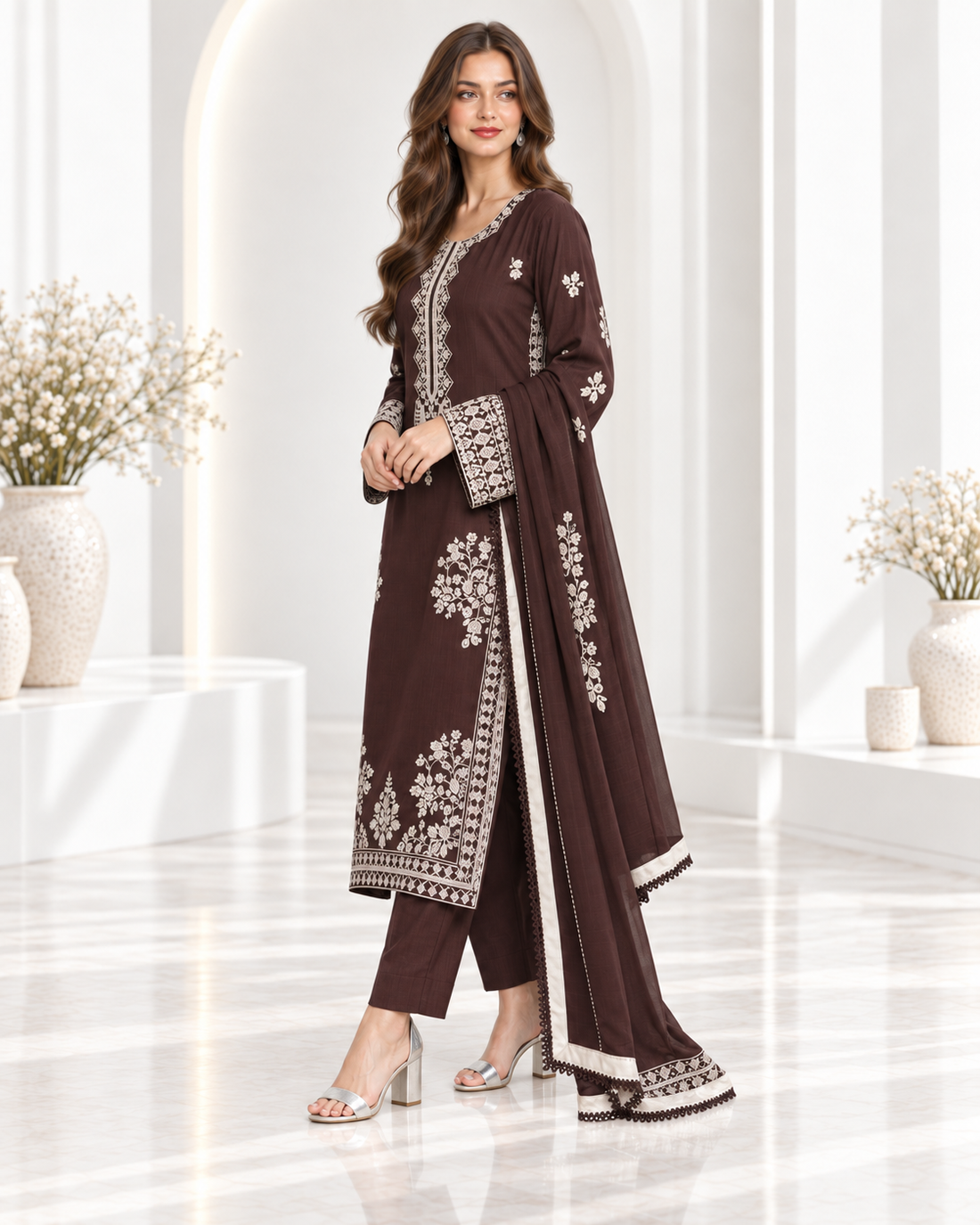 3 PCS Fully embroidered Brown suit