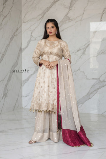 Skin Zari Silk Embroidered 3pcs Suit