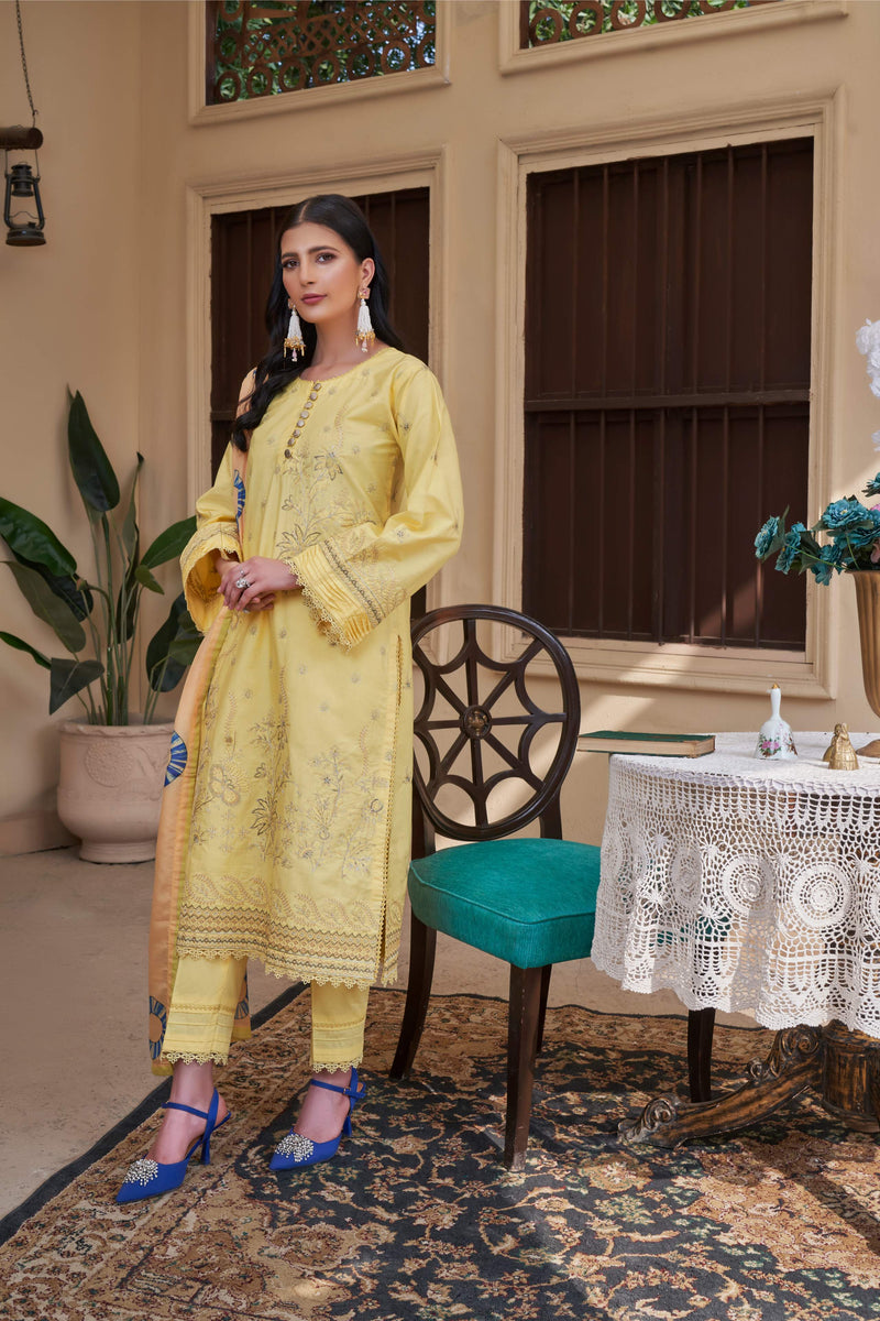 FLORAL YELLOW UN-STITCHED 03 PCS