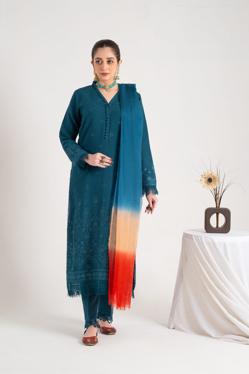 3 Piece Linen Boring Embroidery Suit | Unstitch |