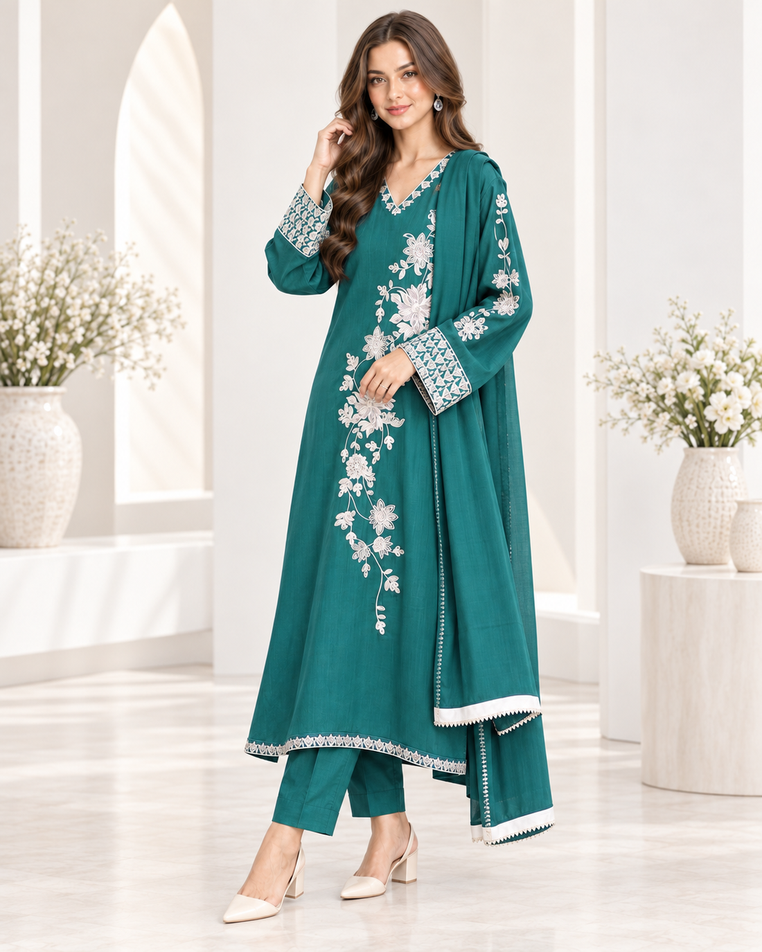 3 PCS Fully embroidered Green suit