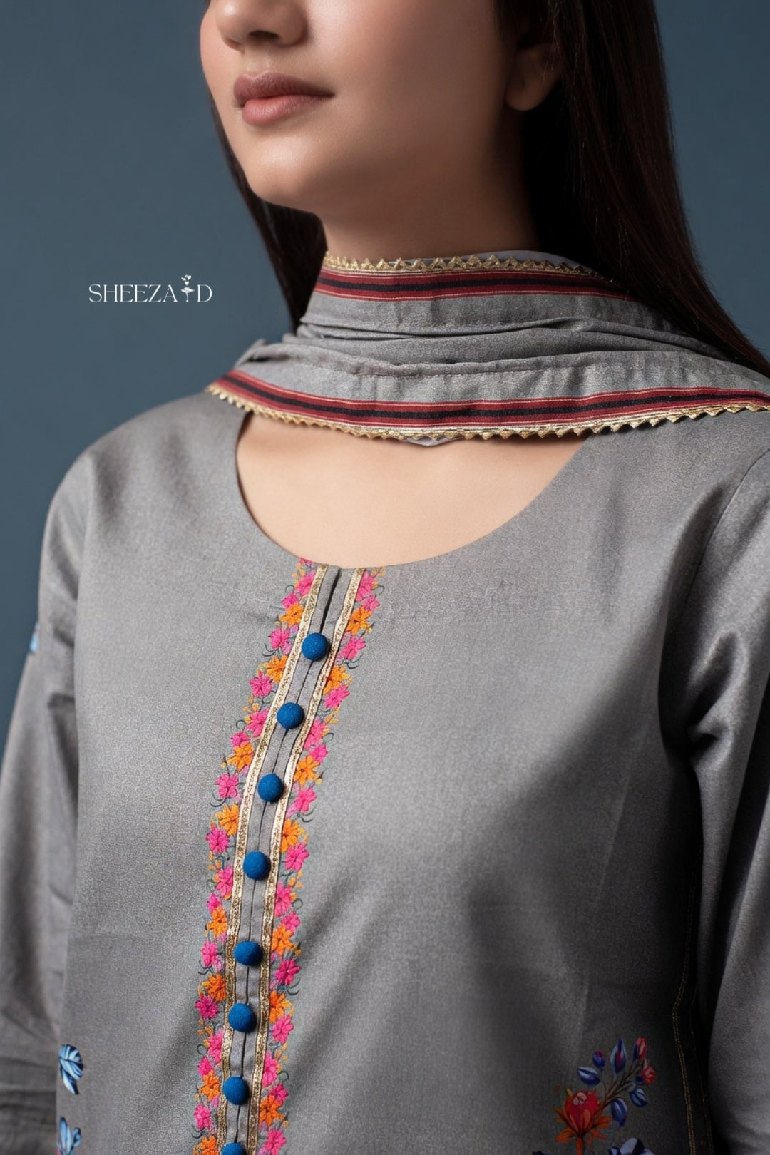 Grey Floral 3-Piece Lawn Suit | SD-PR-01