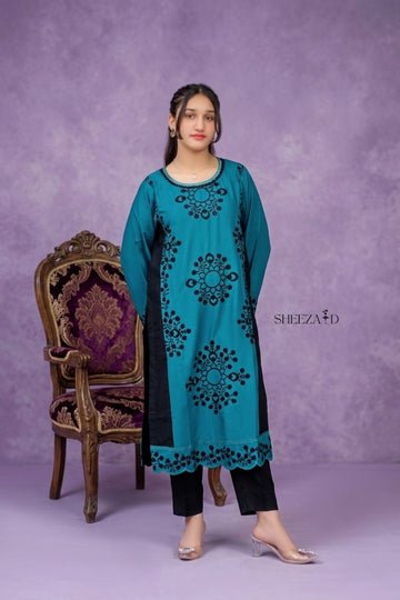 Teal Elegance – Viscose Embroidered 2 Piece Suit