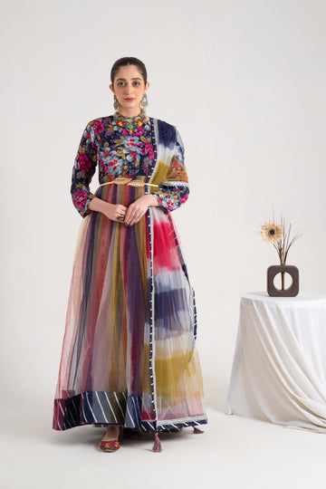 3 Piece Printed Net Frok | Glam Look Collection