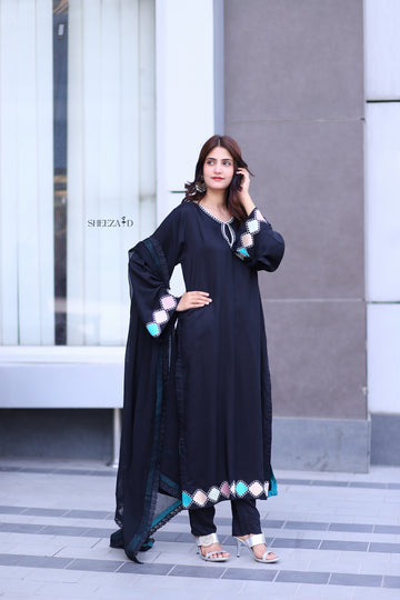Noir Grace – Black Embroidered Viscose 3 Piece Suit