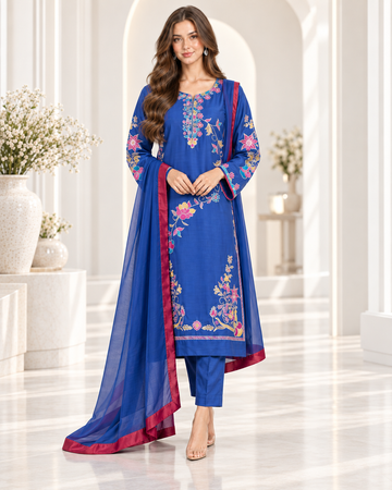 Royal Blue Raw Silk Embroidered 3-Piece Suit