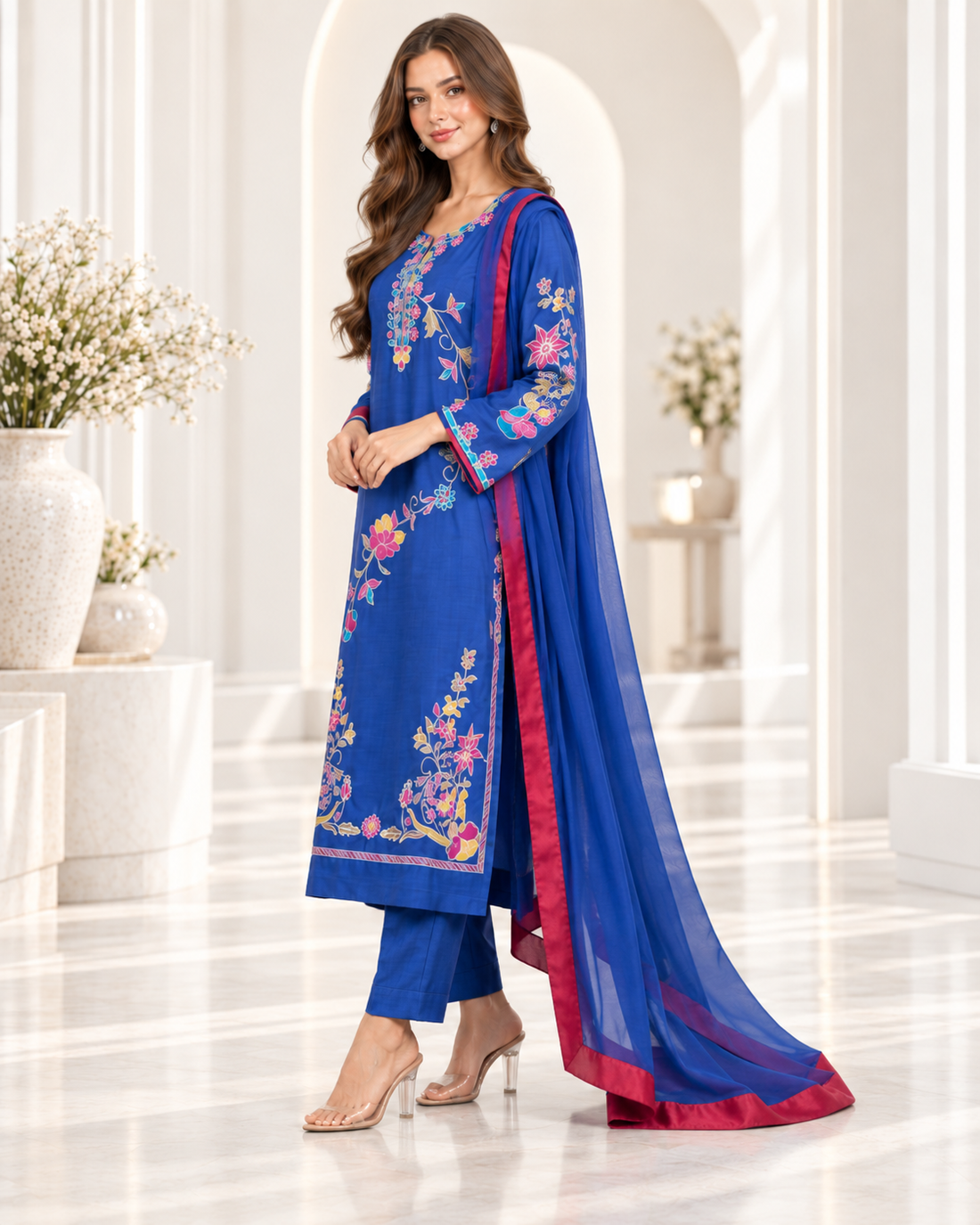 Royal Blue Raw Silk Embroidered 3-Piece Suit