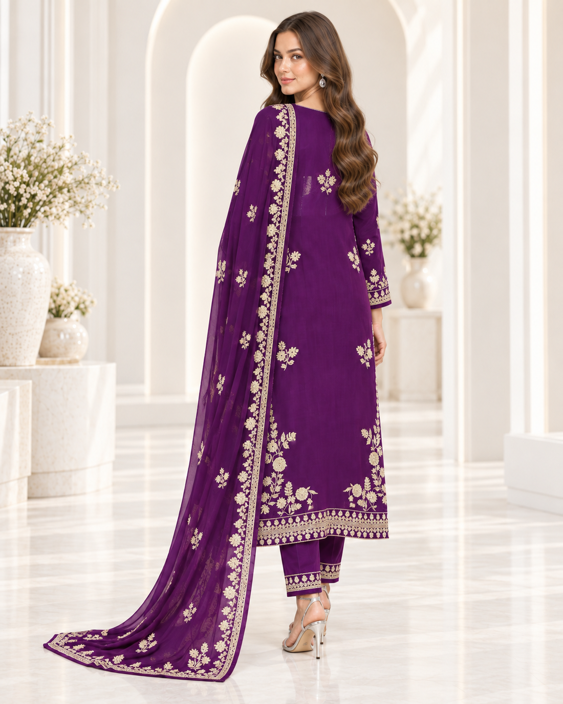 3 PCS Fully embroidered purple suit
