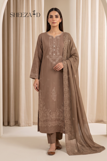 Light Brown Embroidered Lawn 3-Piece Suit