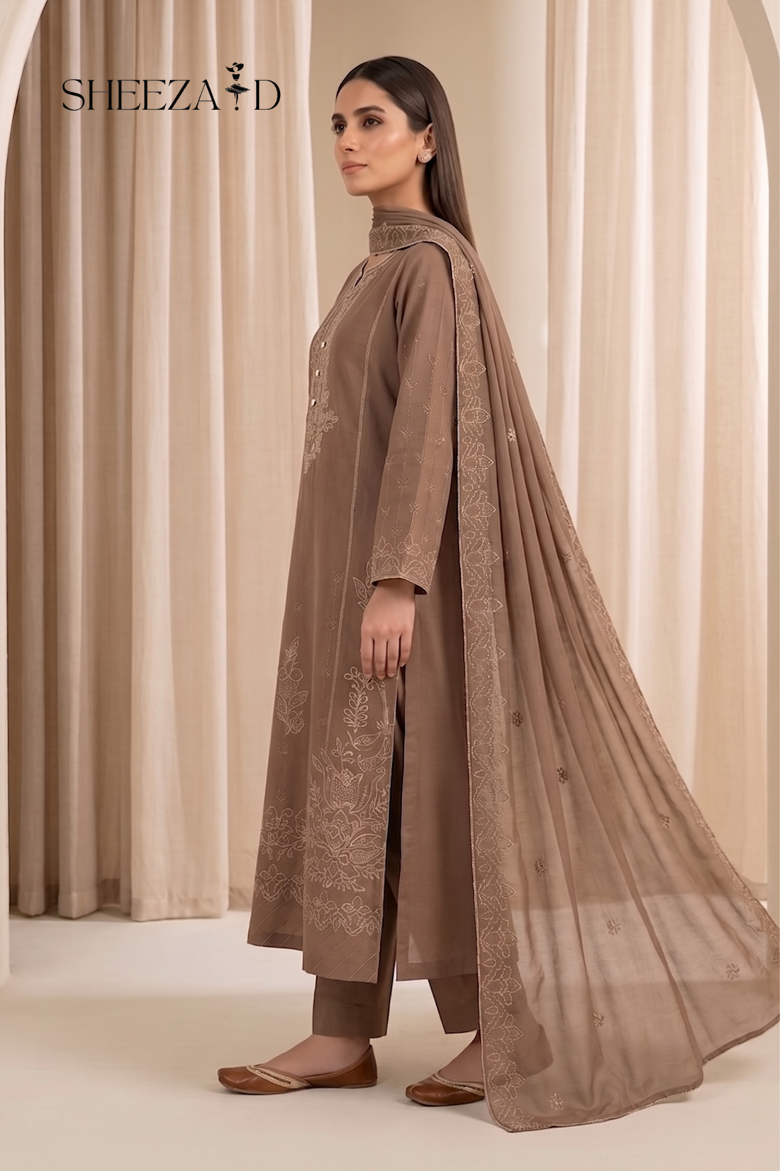 Light Brown Embroidered Lawn 3-Piece Suit