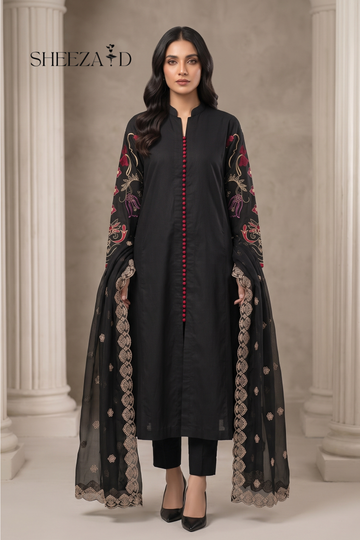 Black Viscose 3-Piece Embroidered Suit