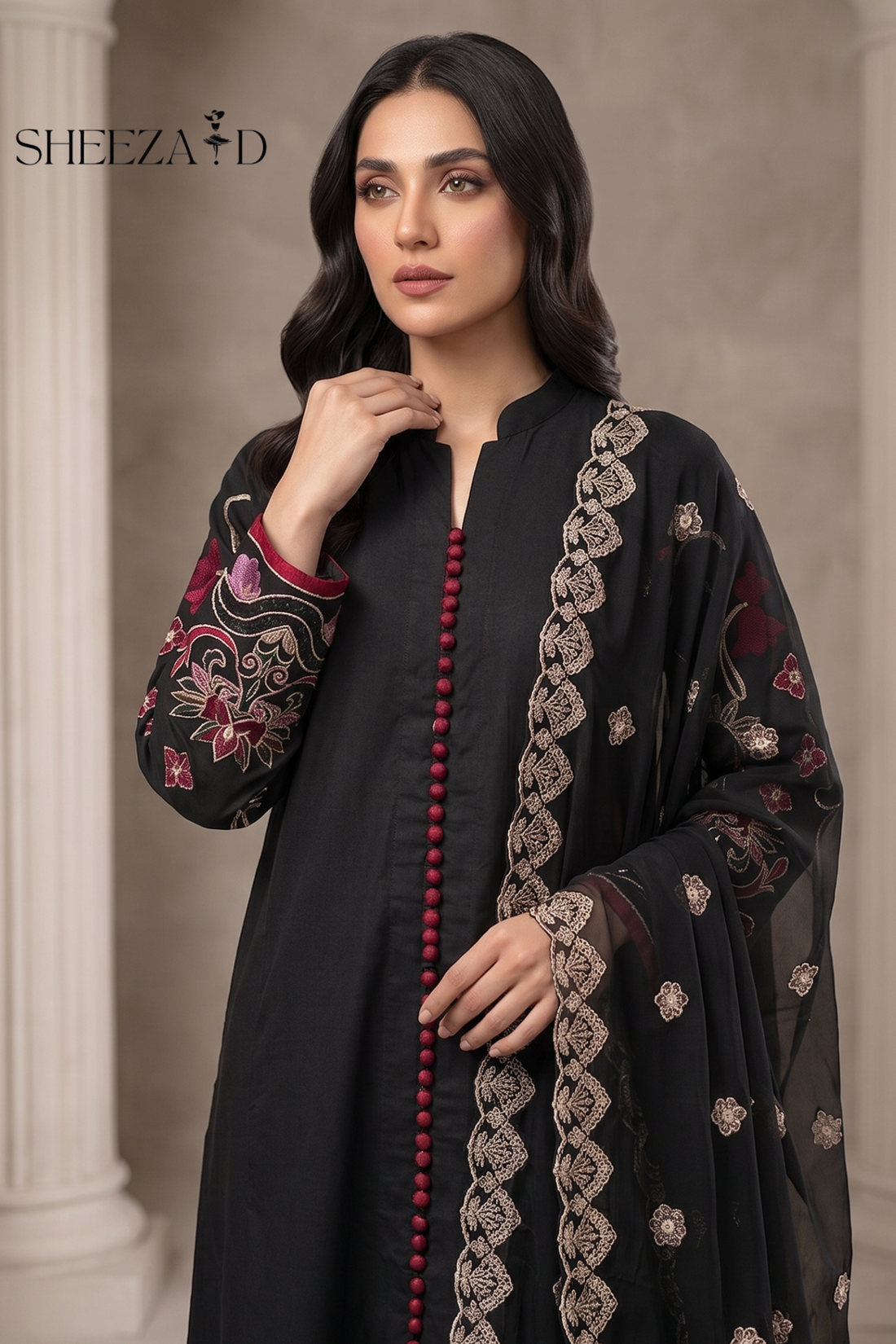 Black Viscose 3-Piece Embroidered Suit