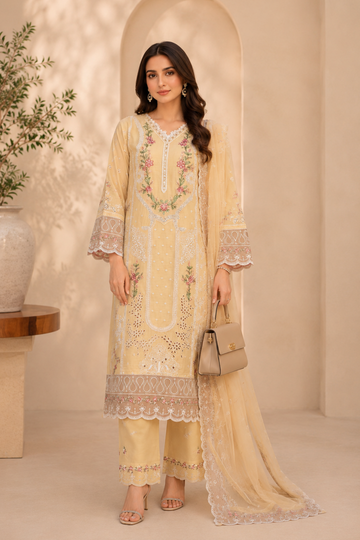 Skin Colour 3pcs Embroidered Lawn Suit | SheezaD