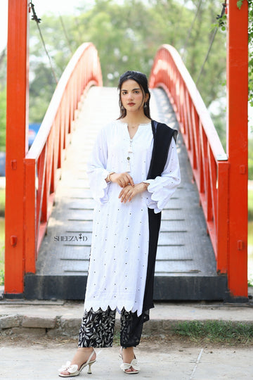White Chicken Kari Lawn Suit With Black Printed Trouser