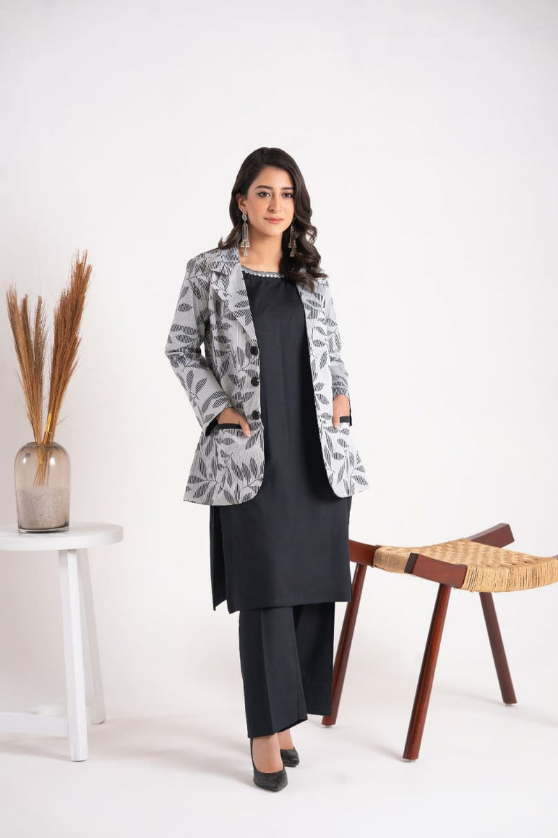 3 Piece Plain Linen Suit With Printed Coat