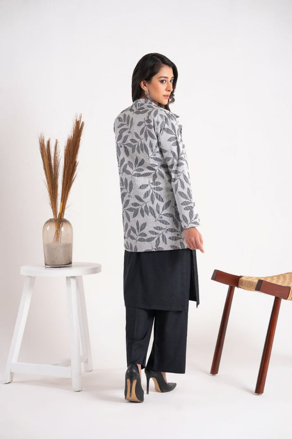 3 Piece Plain Linen Suit With Printed Coat