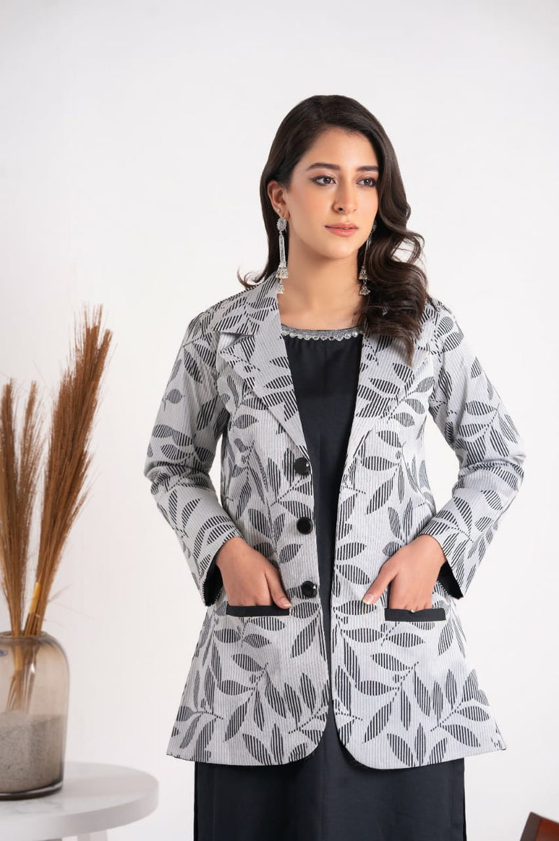 3 Piece Plain Linen Suit With Printed Coat