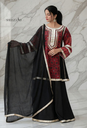 Maroon Printed Chiffon 3 Piece Suit with Straight Sharara