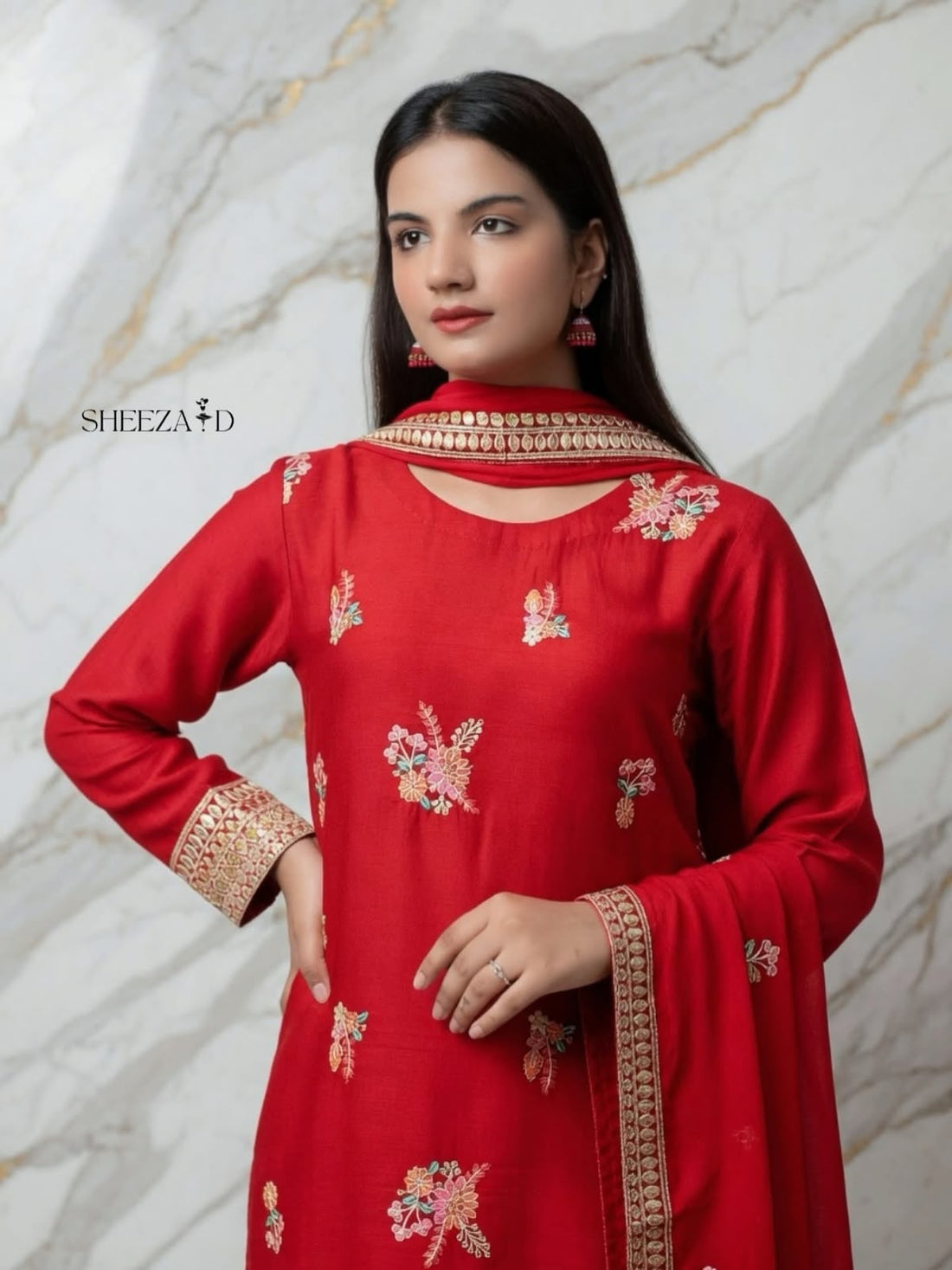 Ruby Grace – 3 Pcs Embroidered Raw Silk Suit