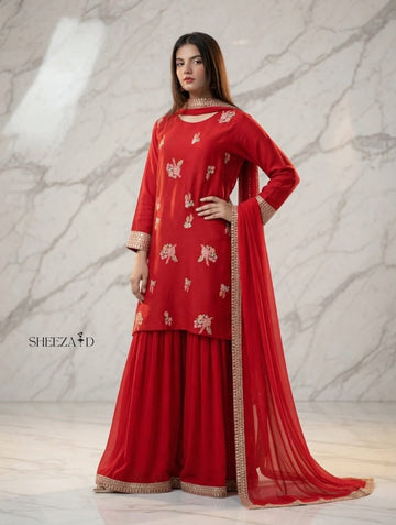 Ruby Grace – 3 Pcs Embroidered Raw Silk Suit