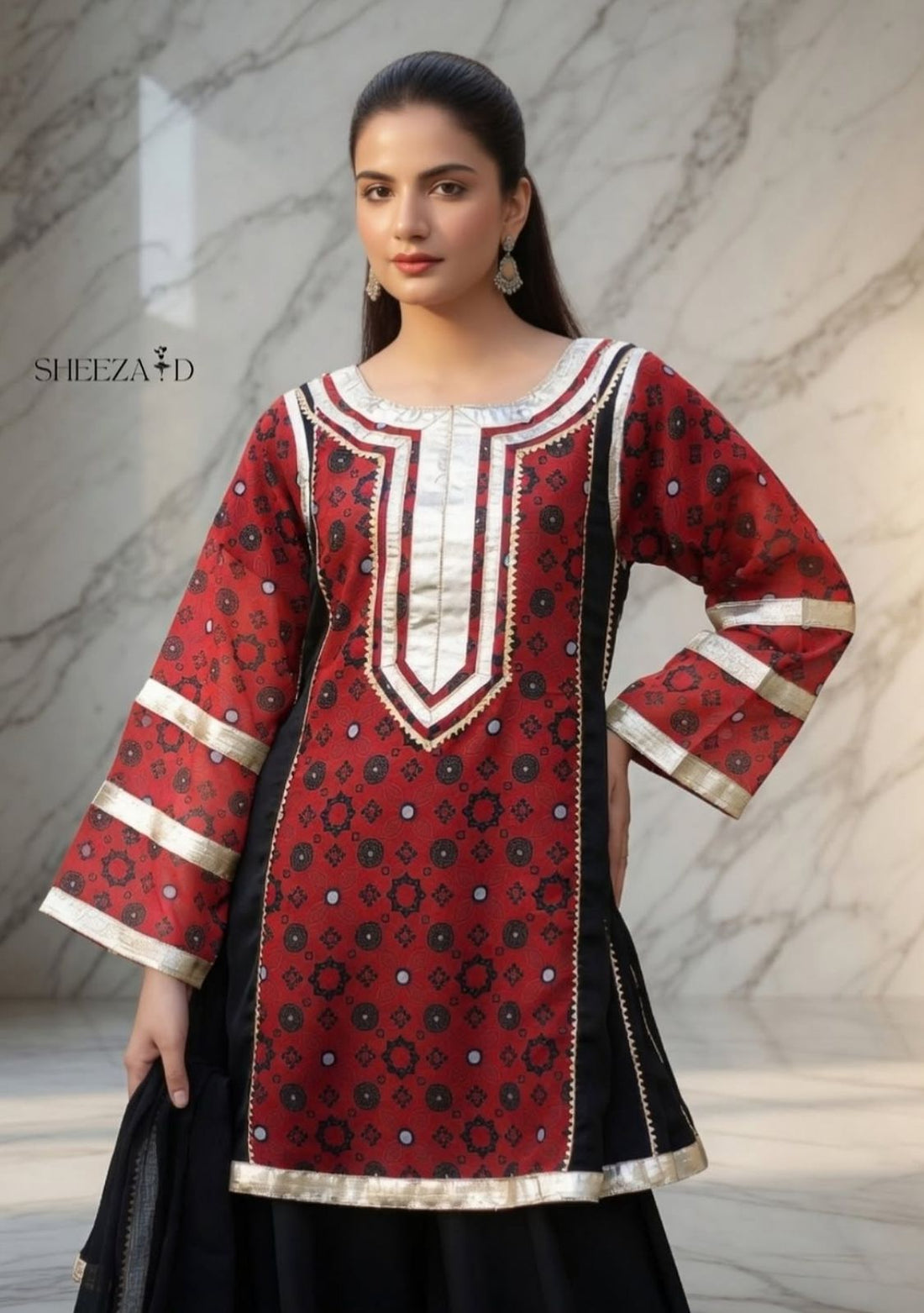 Maroon Printed Chiffon 3 Piece Suit with Straight Sharara