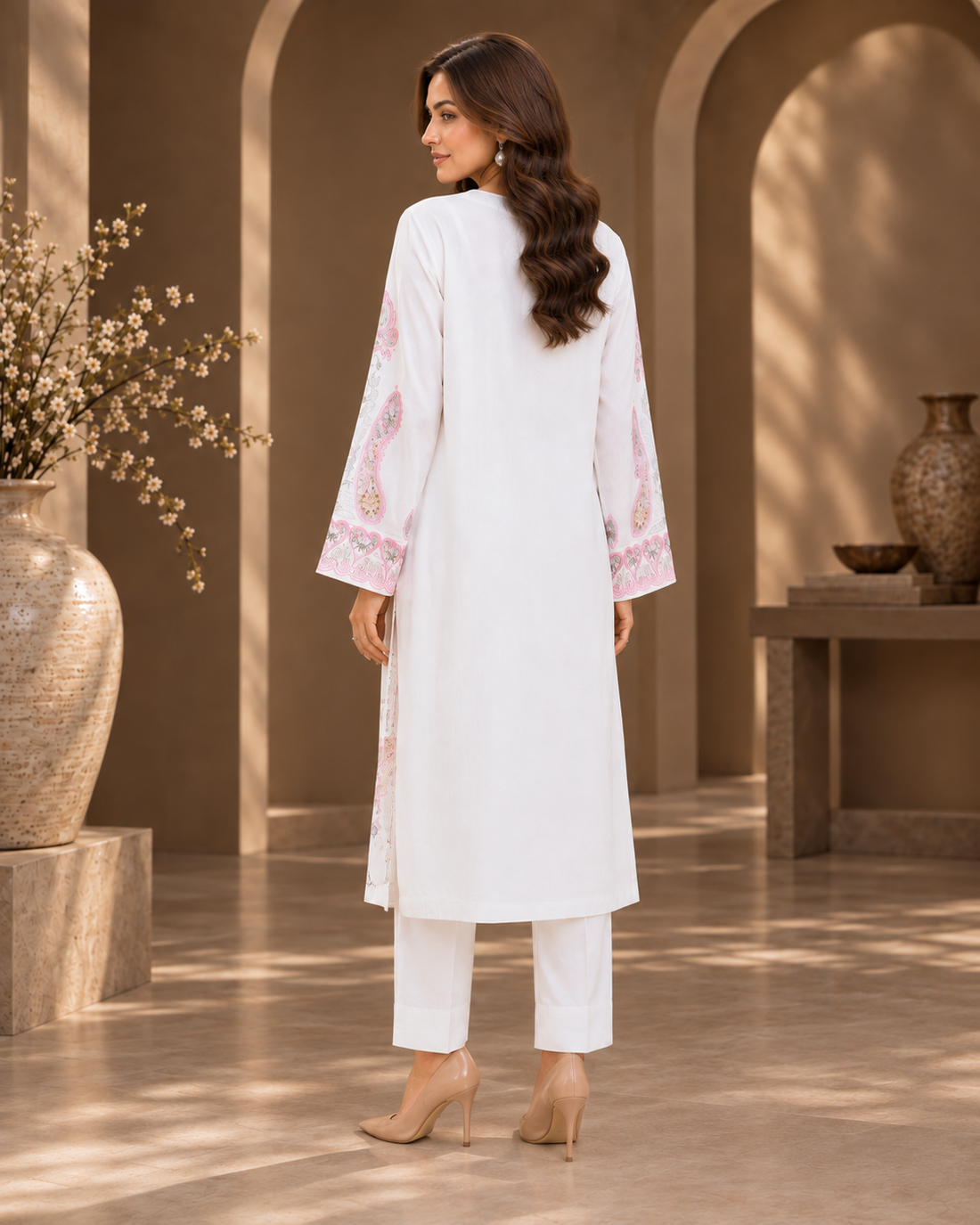 2 PC Embroidered viscose off white suit