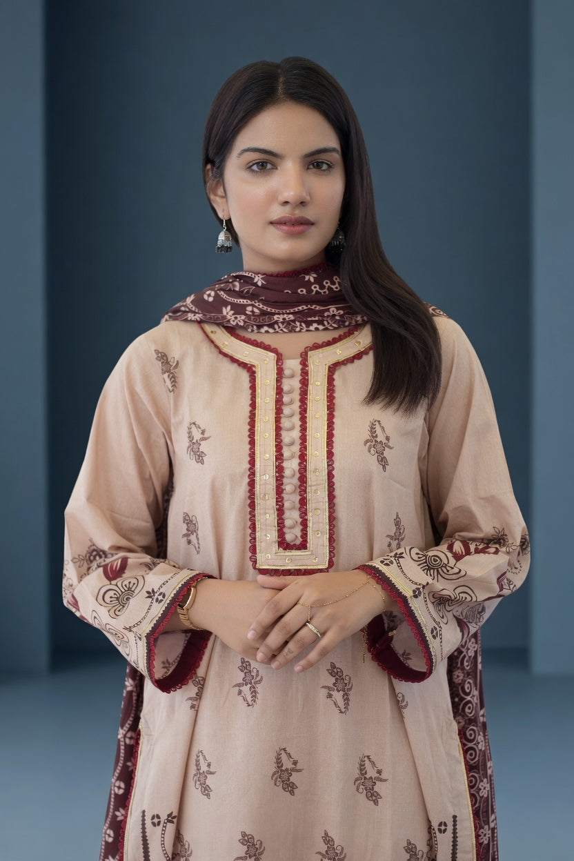Beige & Maroon Grace Lawn Suit