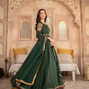 3 Piece Luxury Embroidered Umbrella Frock in green with golden gotta and sequin embroidery