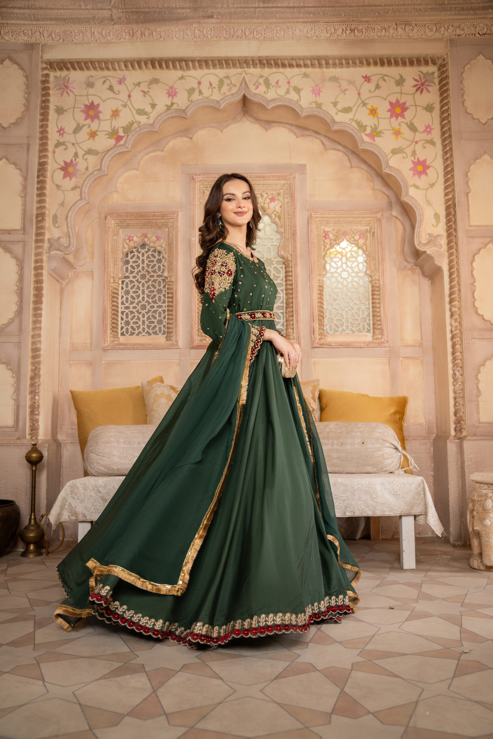 3 piece luxury embroidered umbrella frock in green with golden gotta and sequin embroidery