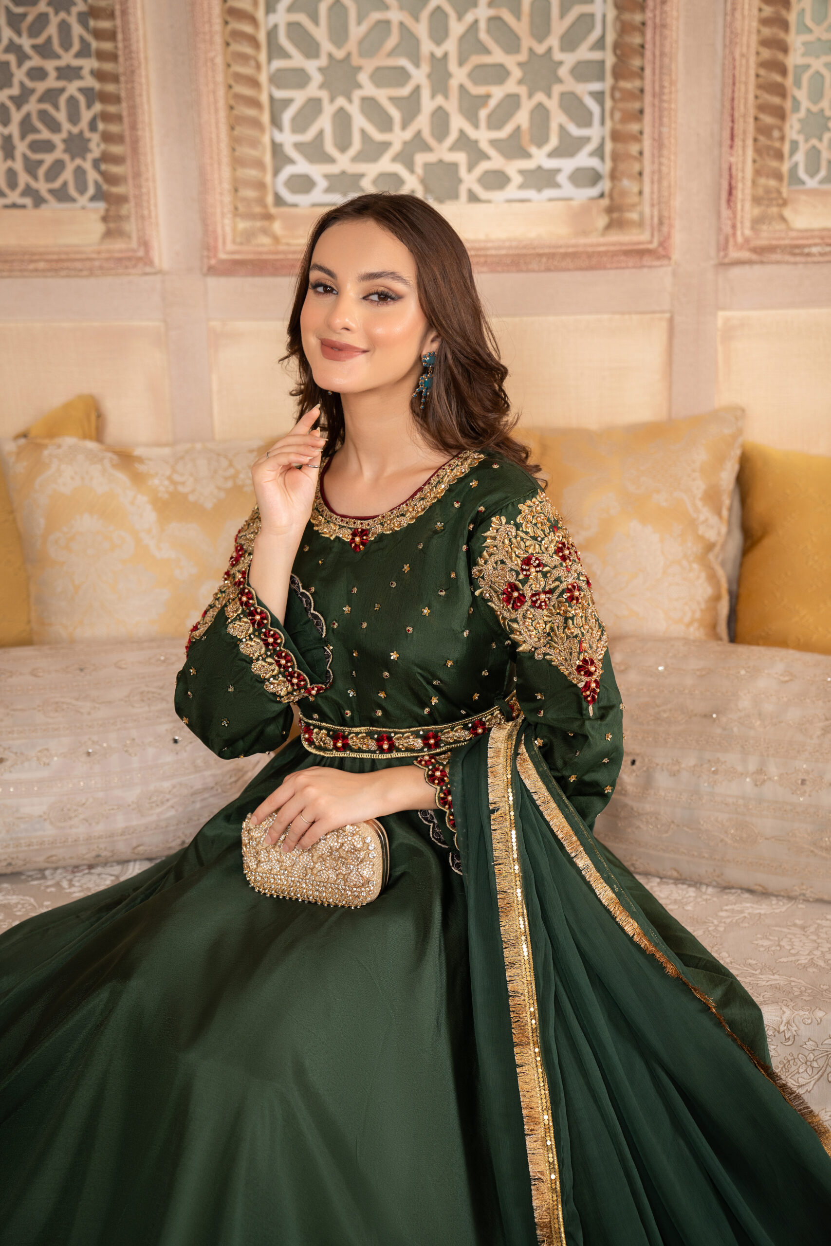 3 piece luxury embroidered umbrella frock in green with golden gotta and sequin embroidery