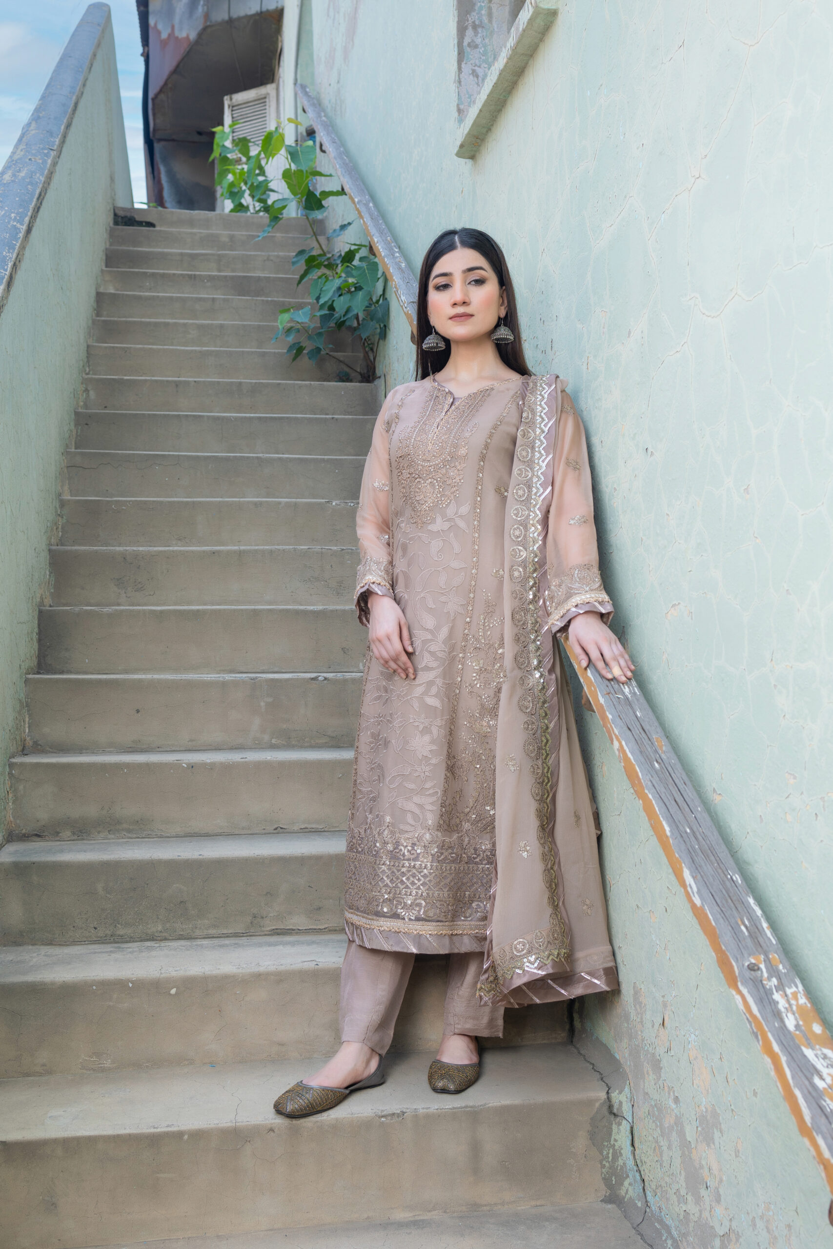 Coffee-colored embroidered frock set