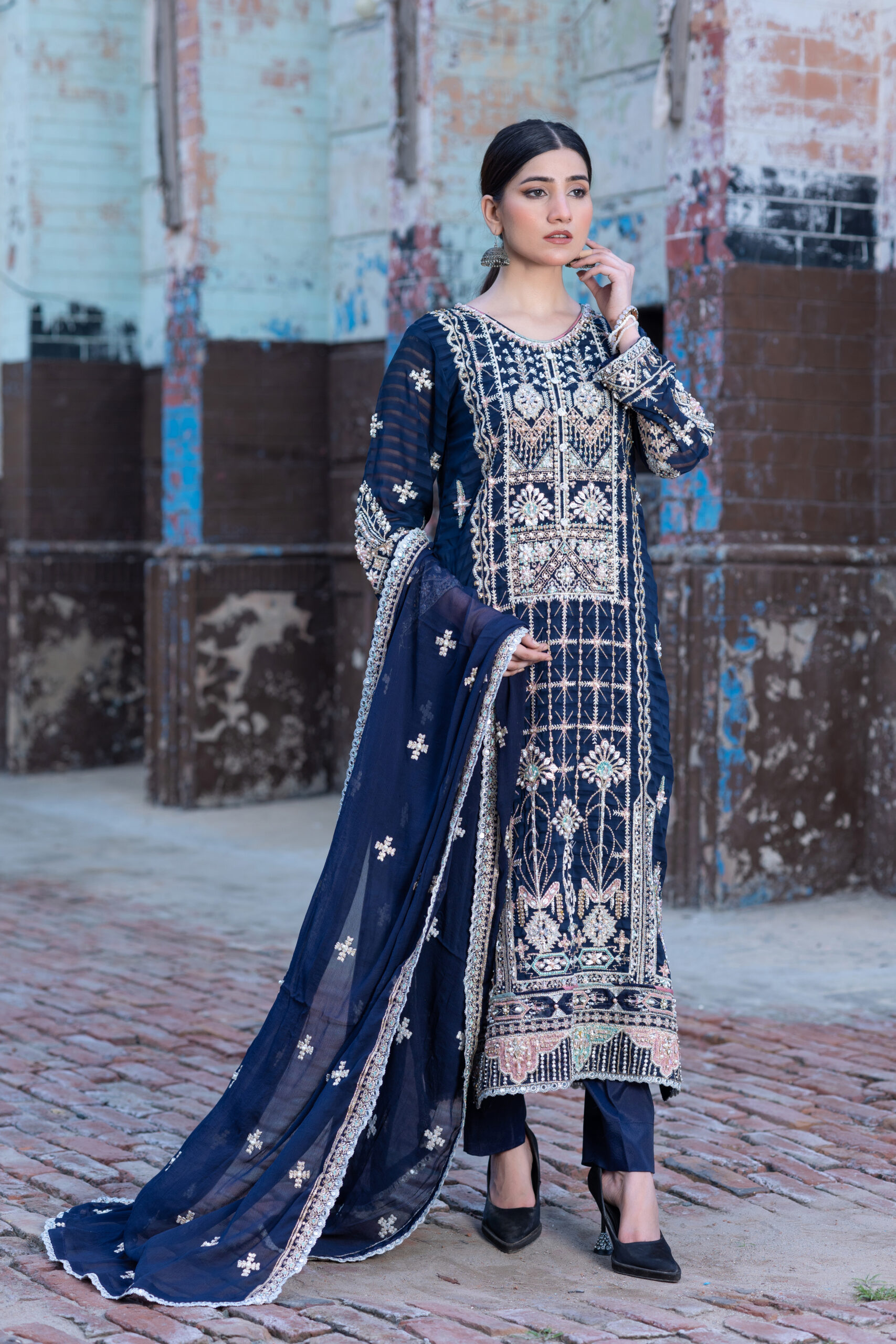 Navy blue hand-embroidered 3-piece suit with long shirt, trouser, and dupatta