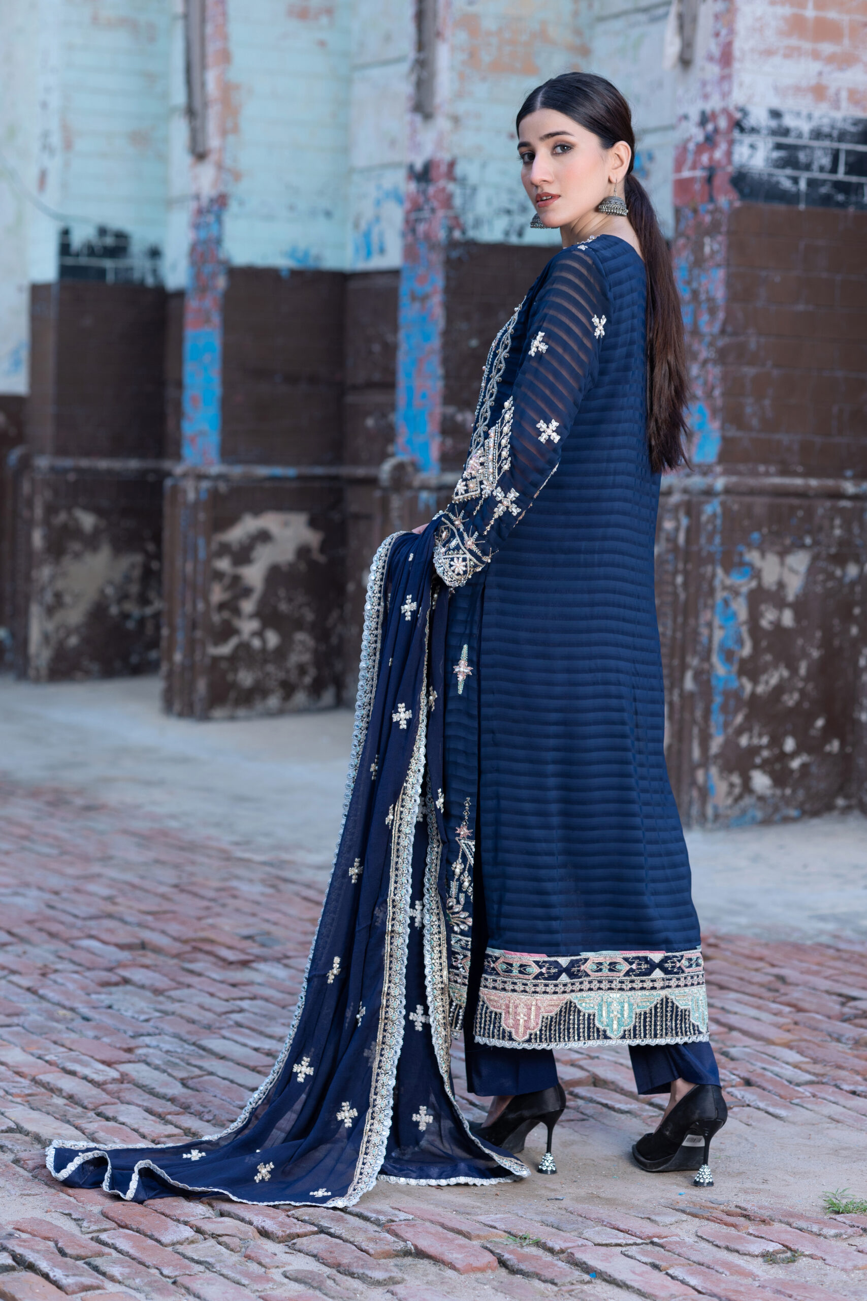 Navy blue hand-embroidered 3-piece suit with long shirt, trouser, and dupatta