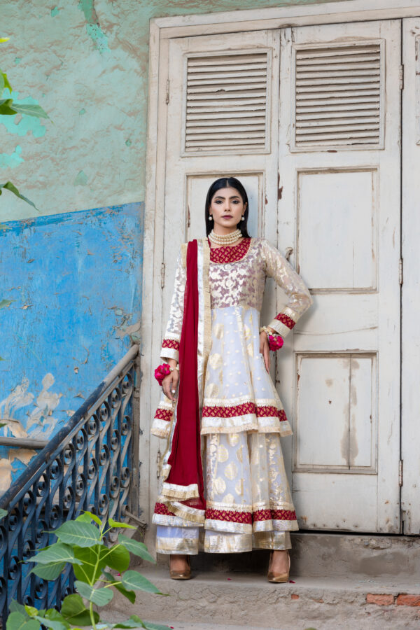 Off-white lorence frock with lehenga, straight trousers & maroon dupatta