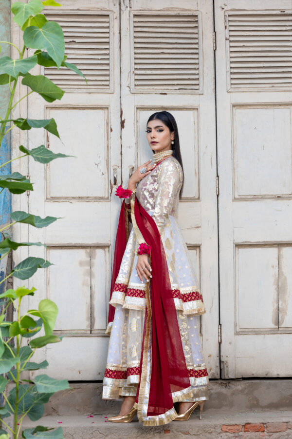 Off-white lorence frock with lehenga, straight trousers & maroon dupatta