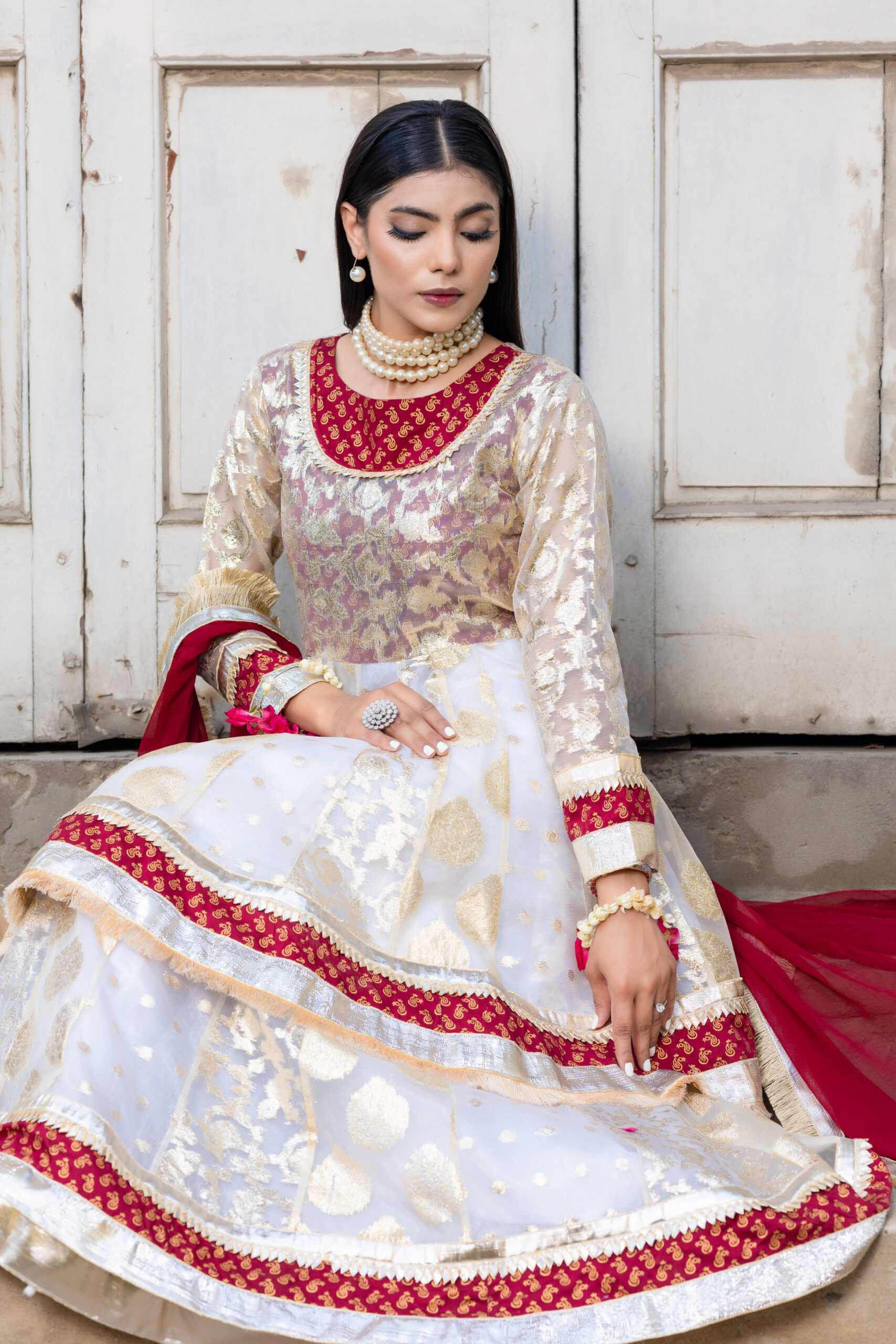 Off-white lorence frock with lehenga, straight trousers & maroon dupatta